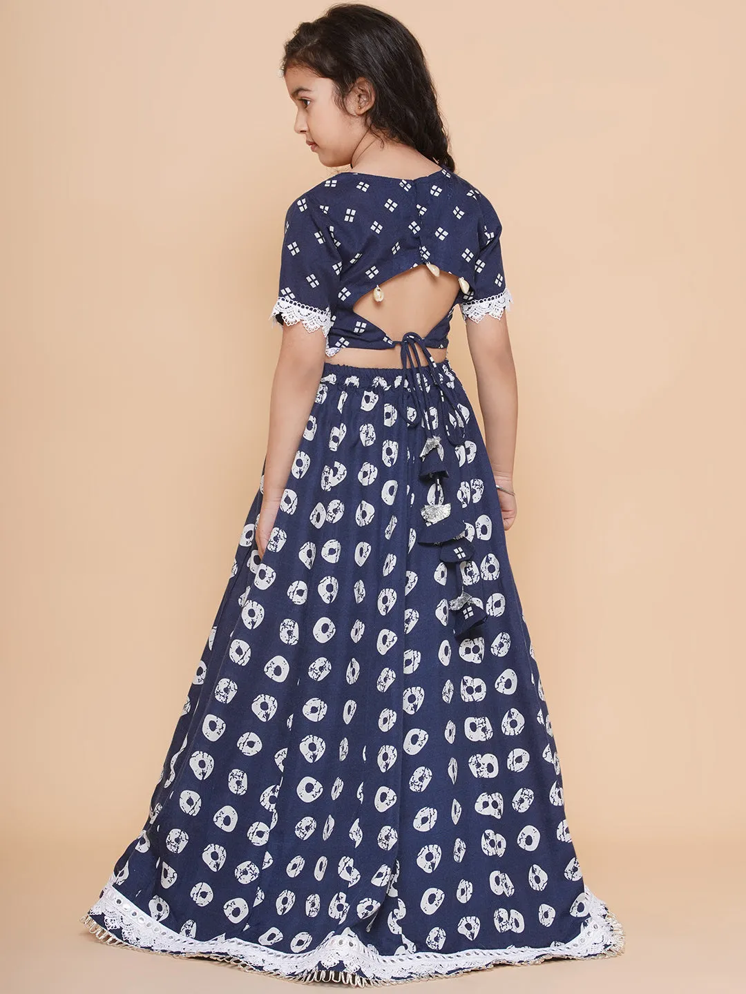 Girls Navy Blue Bandhani Printed Lace Work Lehenga Choli.