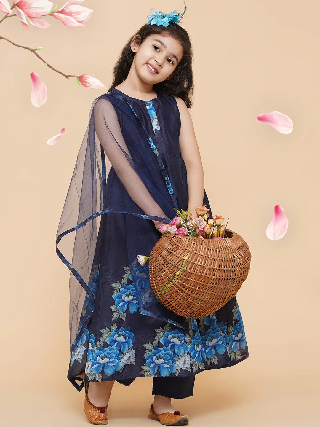 Girl's Navy Blue Digital Print Anarkali With Pant With Dupatta - Bitiya By Bhama