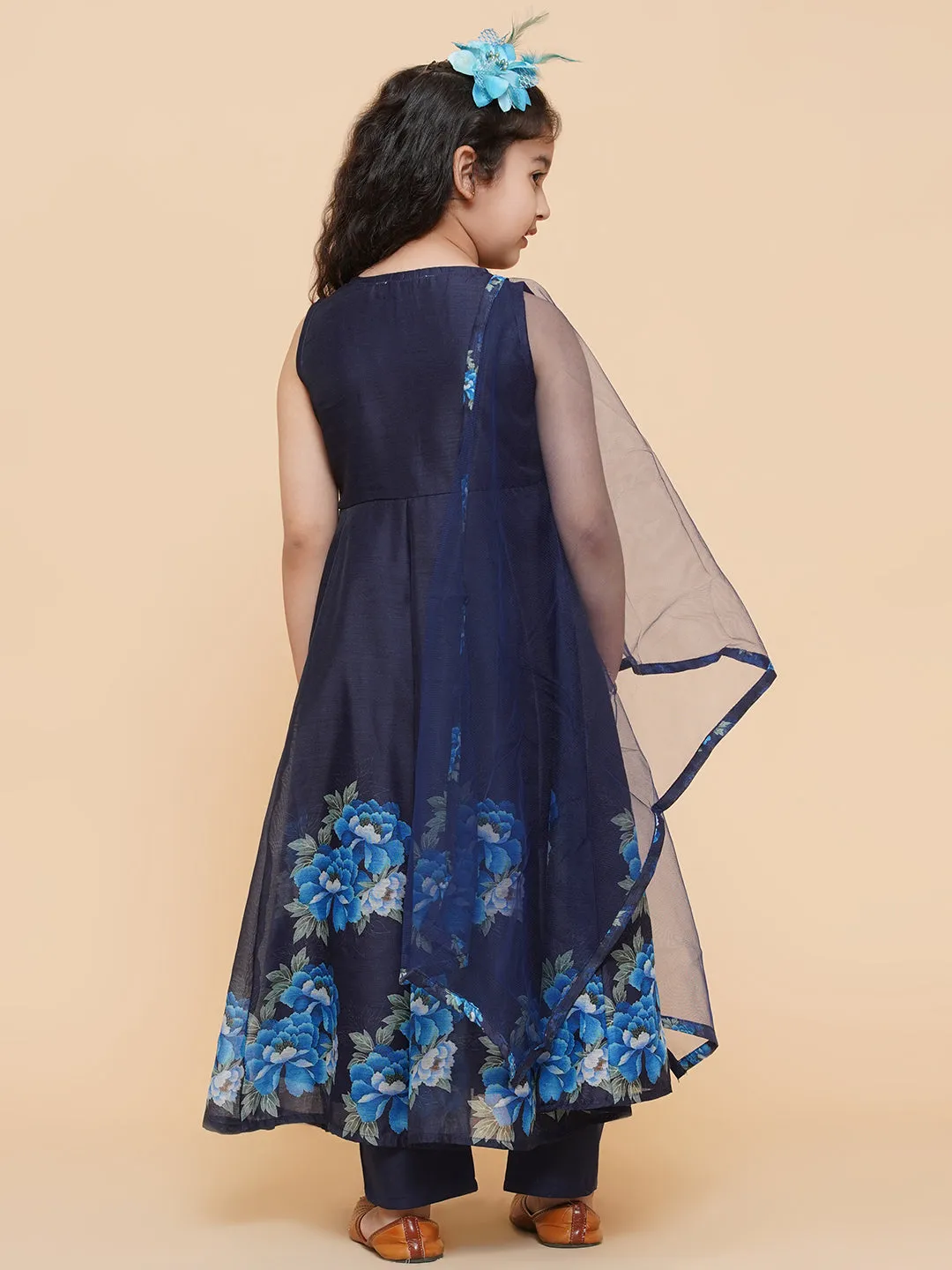 Girl's Navy Blue Digital Print Anarkali With Pant With Dupatta - Bitiya By Bhama