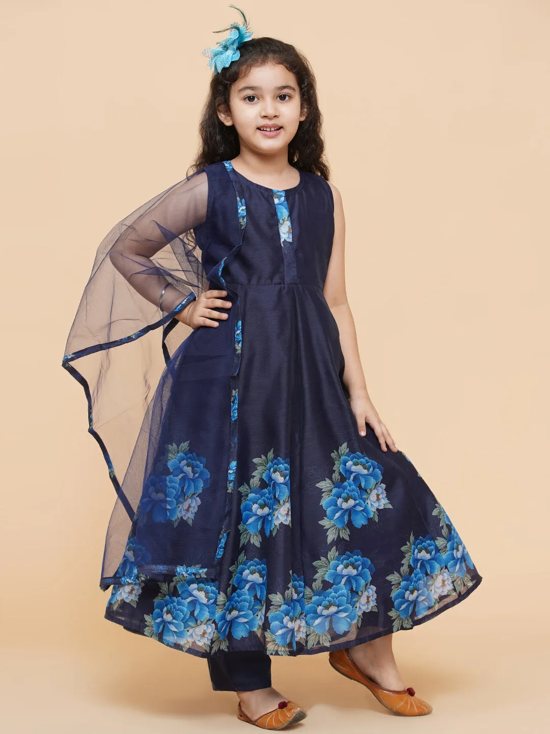 Girl's Navy Blue Digital Print Anarkali With Pant With Dupatta - Bitiya By Bhama