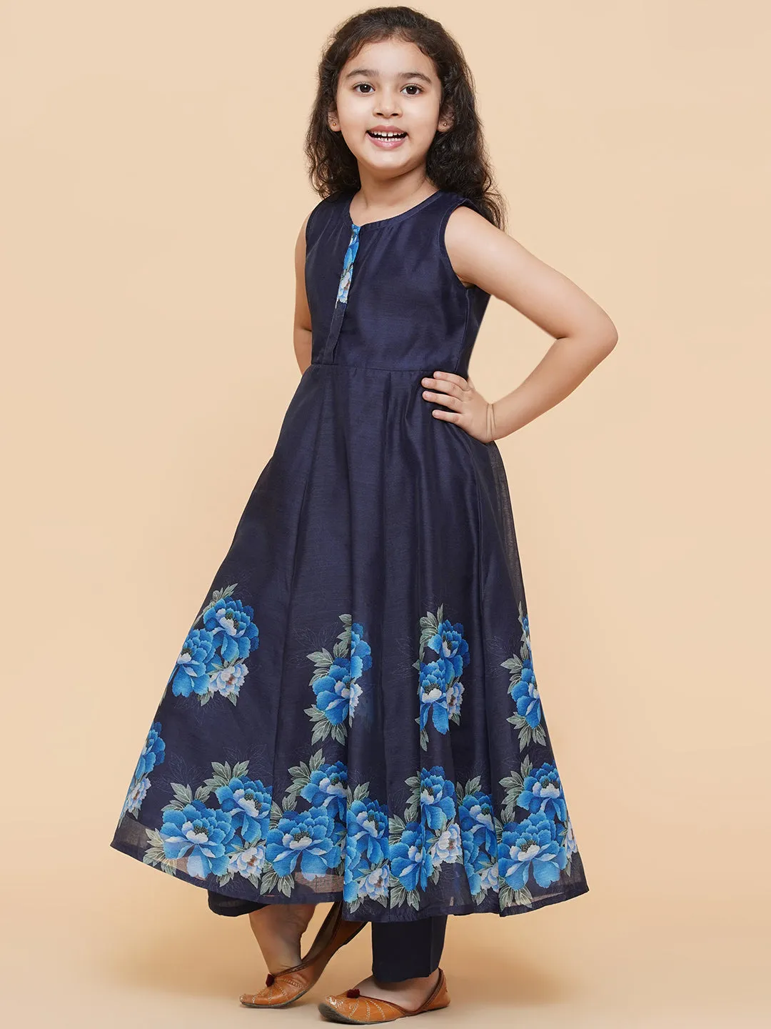 Girl's Navy Blue Digital Print Anarkali With Pant With Dupatta - Bitiya By Bhama