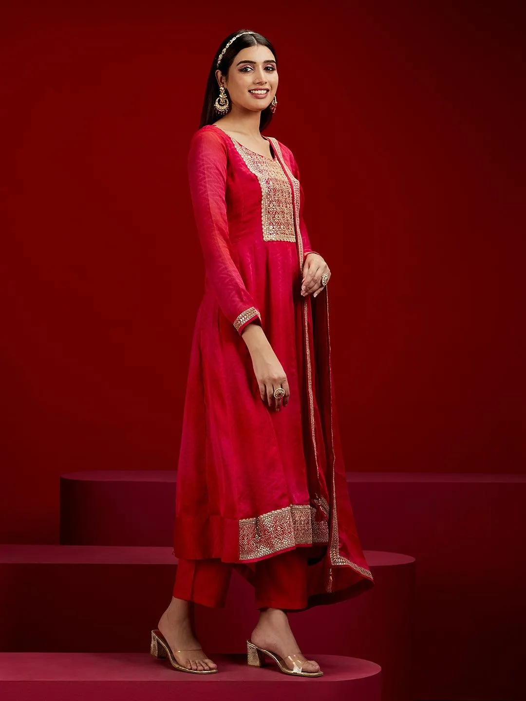 Jashvi Art Pink Yoke Design Chiffon Anarkali Suit With Dupatta