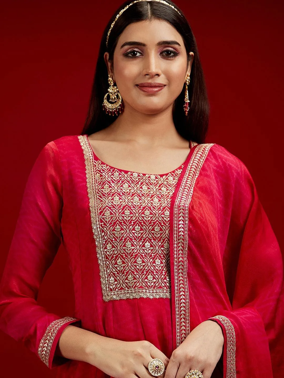 Jashvi Art Pink Yoke Design Chiffon Anarkali Suit With Dupatta