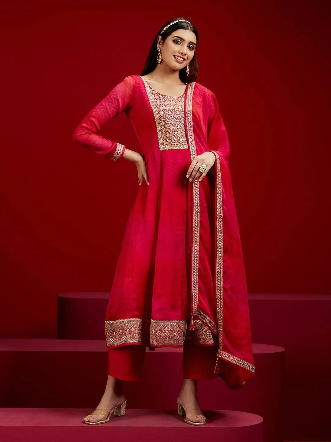 Jashvi Art Pink Yoke Design Chiffon Anarkali Suit With Dupatta
