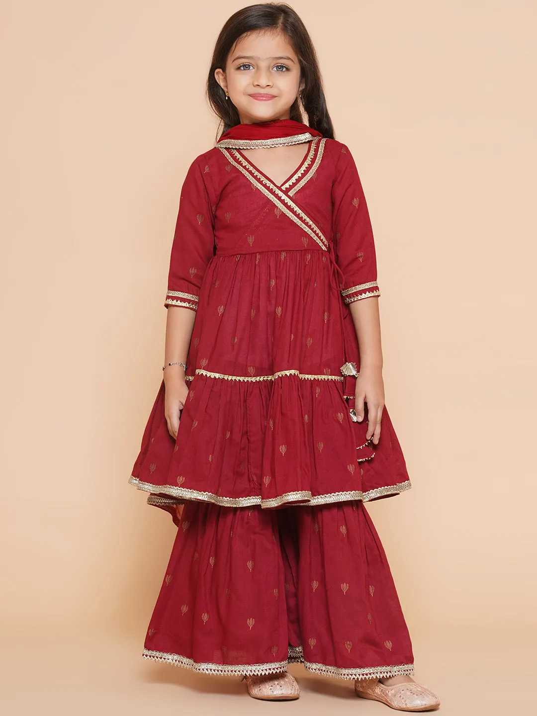 Jashvi Girls Maroon Ethnic Motifs Printed Angrakha Gotta Patti Kurta Sharara & Dupatta