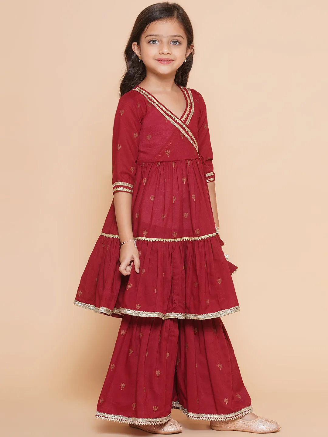 Jashvi Girls Maroon Ethnic Motifs Printed Angrakha Gotta Patti Kurta Sharara & Dupatta