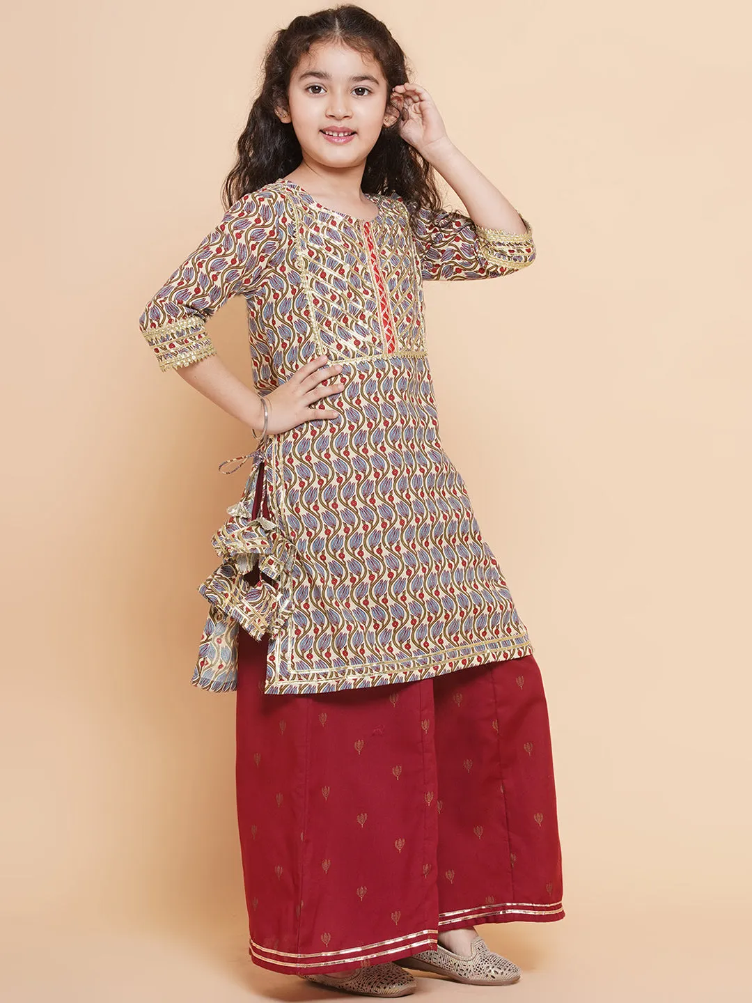 Jashvi Girls Maroon Floral Printed Cotton Kurta with Sharara