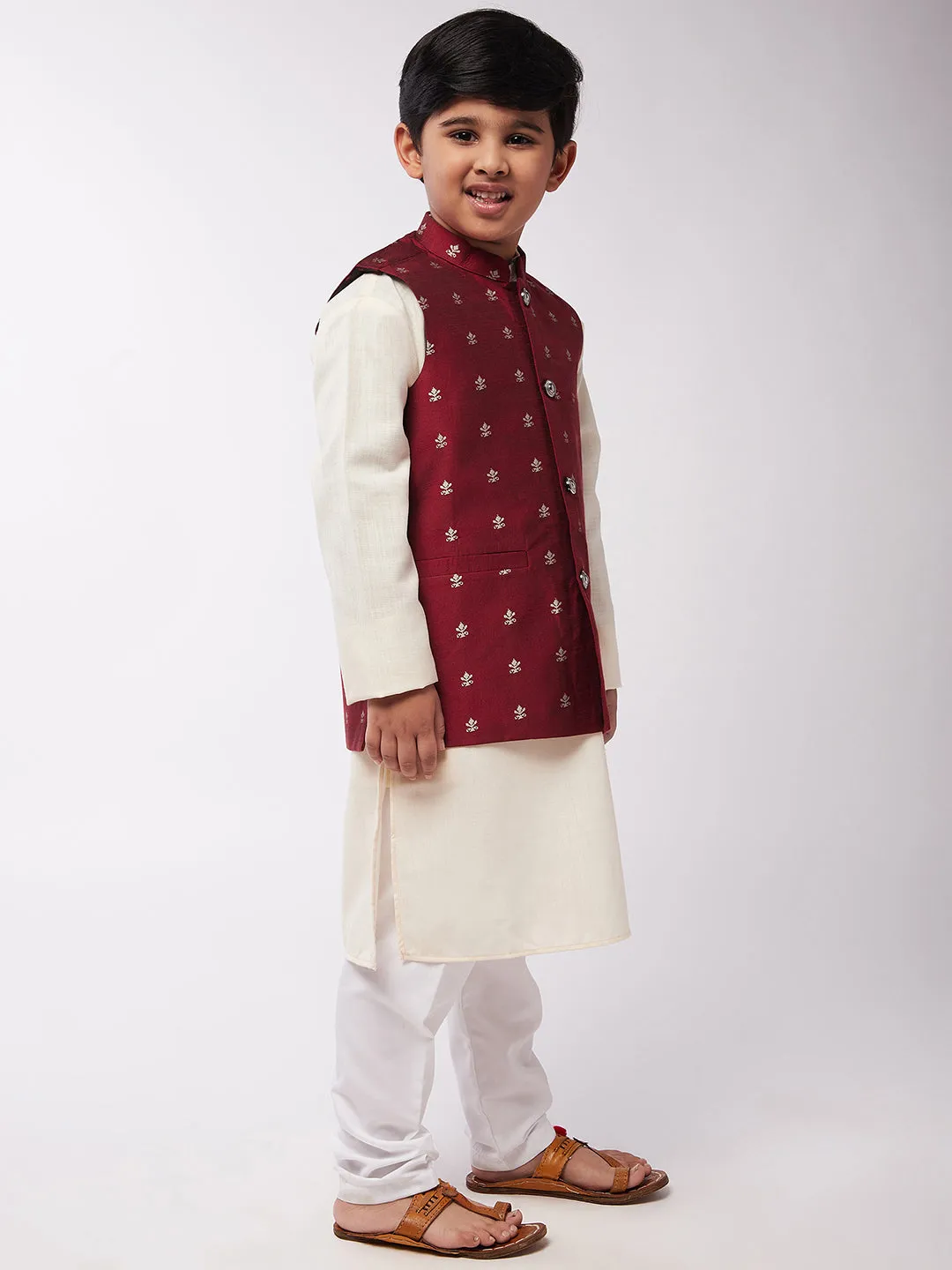 Kid's Cotton Silk Off-White Kurta & Maroon Nehru Jacket With White Churidar Pyjama Set - Sojanya KID