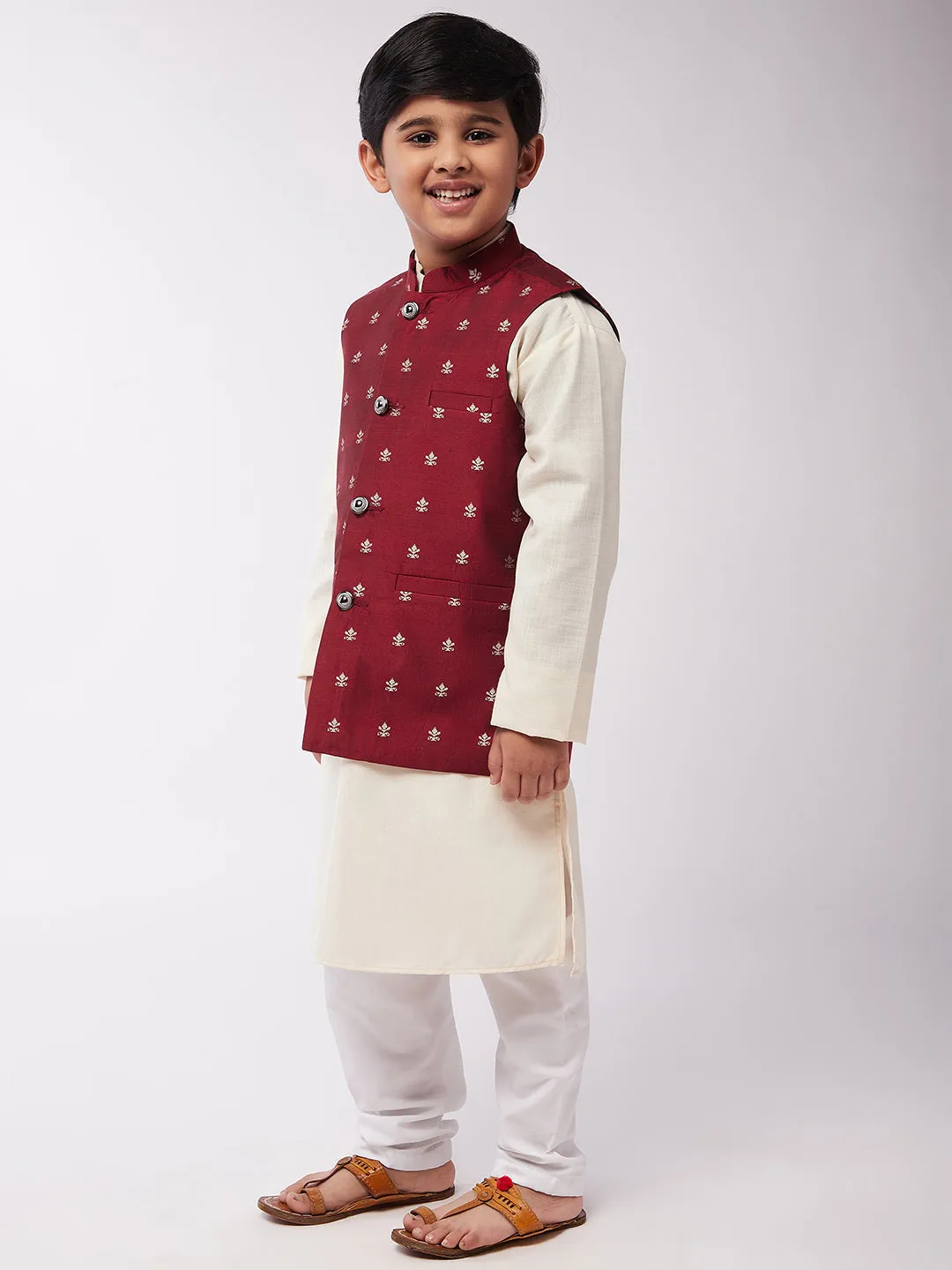 Kid's Cotton Silk Off-White Kurta & Maroon Nehru Jacket With White Churidar Pyjama Set - Sojanya KID
