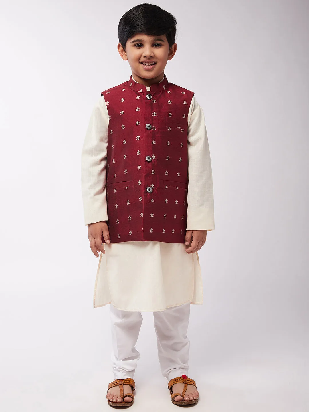Kid's Cotton Silk Off-White Kurta & Maroon Nehru Jacket With White Churidar Pyjama Set - Sojanya KID