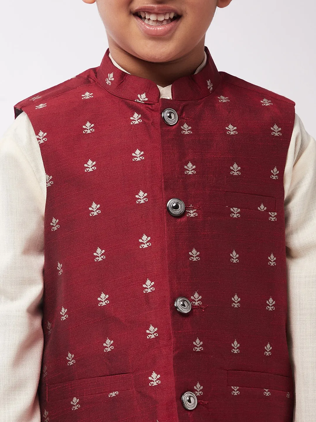 Kid's Cotton Silk Off-White Kurta & Maroon Nehru Jacket With White Churidar Pyjama Set - Sojanya KID