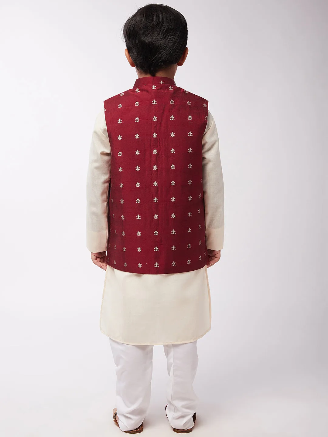 Kid's Cotton Silk Off-White Kurta & Maroon Nehru Jacket With White Churidar Pyjama Set - Sojanya KID