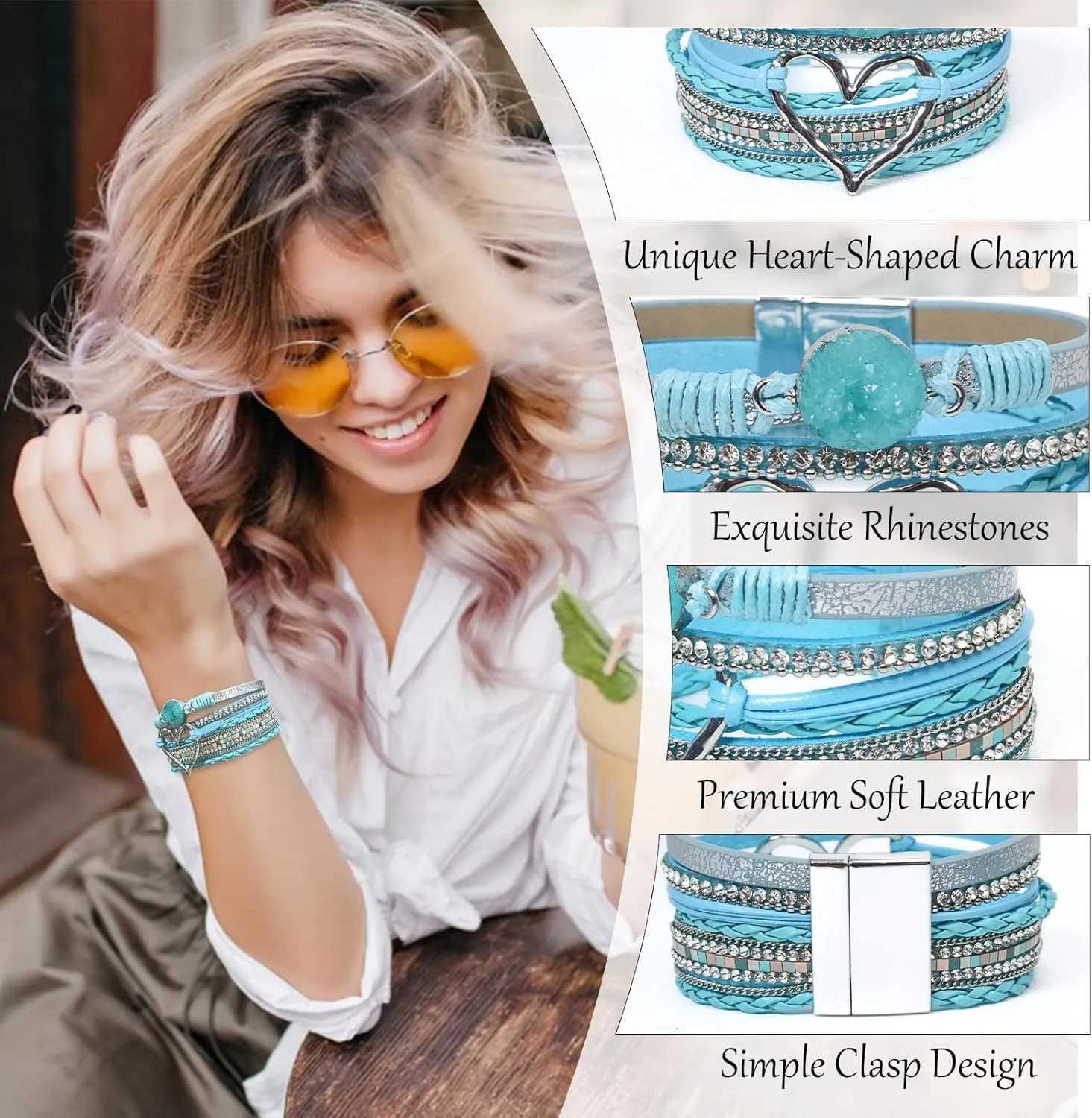 Leather Wrap Bracelet for Women, Boho Heart Cuff Bracelet with Strong Clasp, Multi-Layer Crystal Leather Bracelet