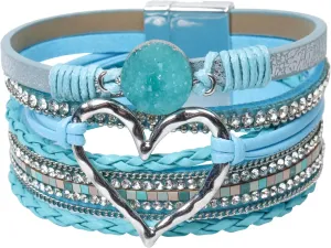 Leather Wrap Bracelet for Women, Boho Heart Cuff Bracelet with Strong Clasp, Multi-Layer Crystal Leather Bracelet