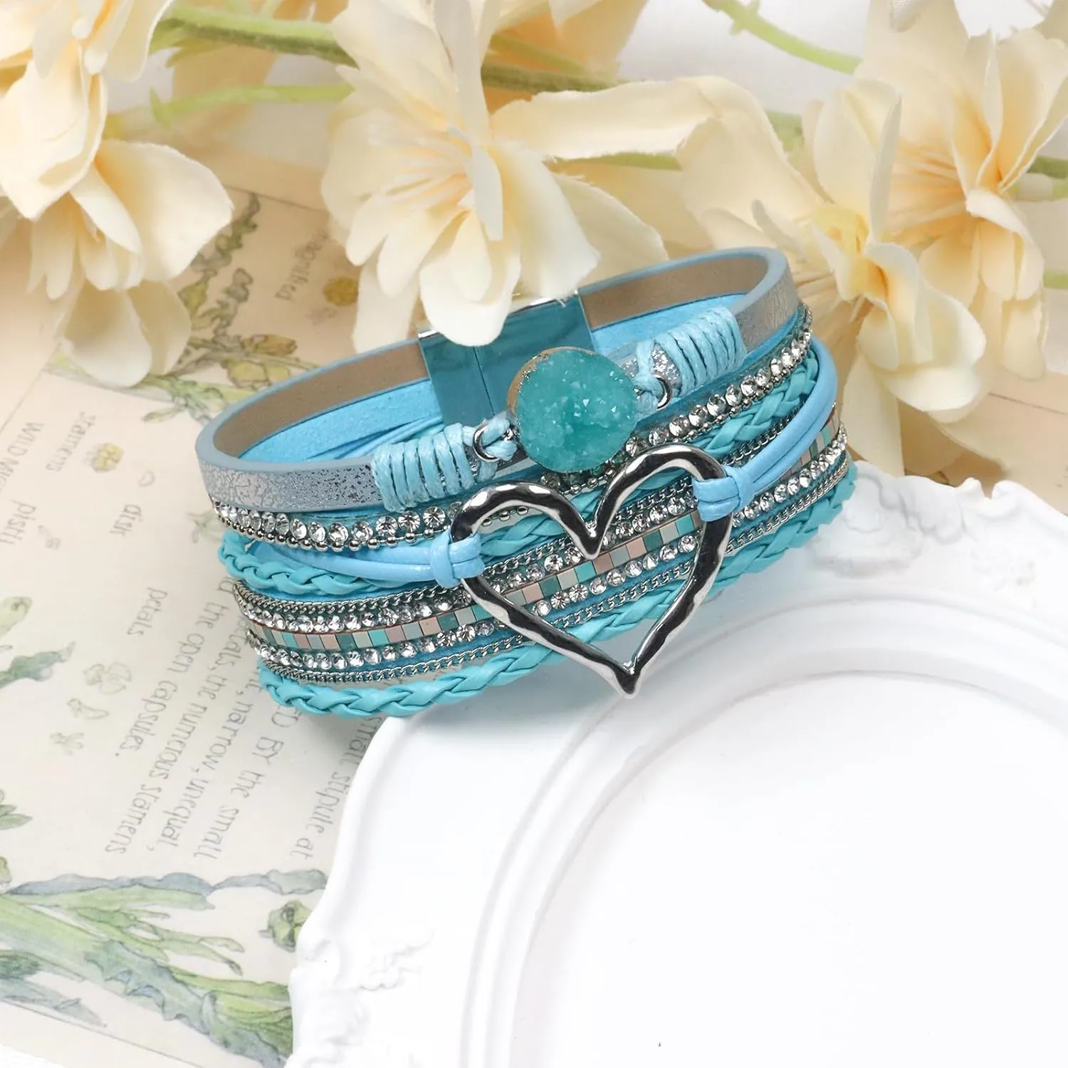 Leather Wrap Bracelet for Women, Boho Heart Cuff Bracelet with Strong Clasp, Multi-Layer Crystal Leather Bracelet