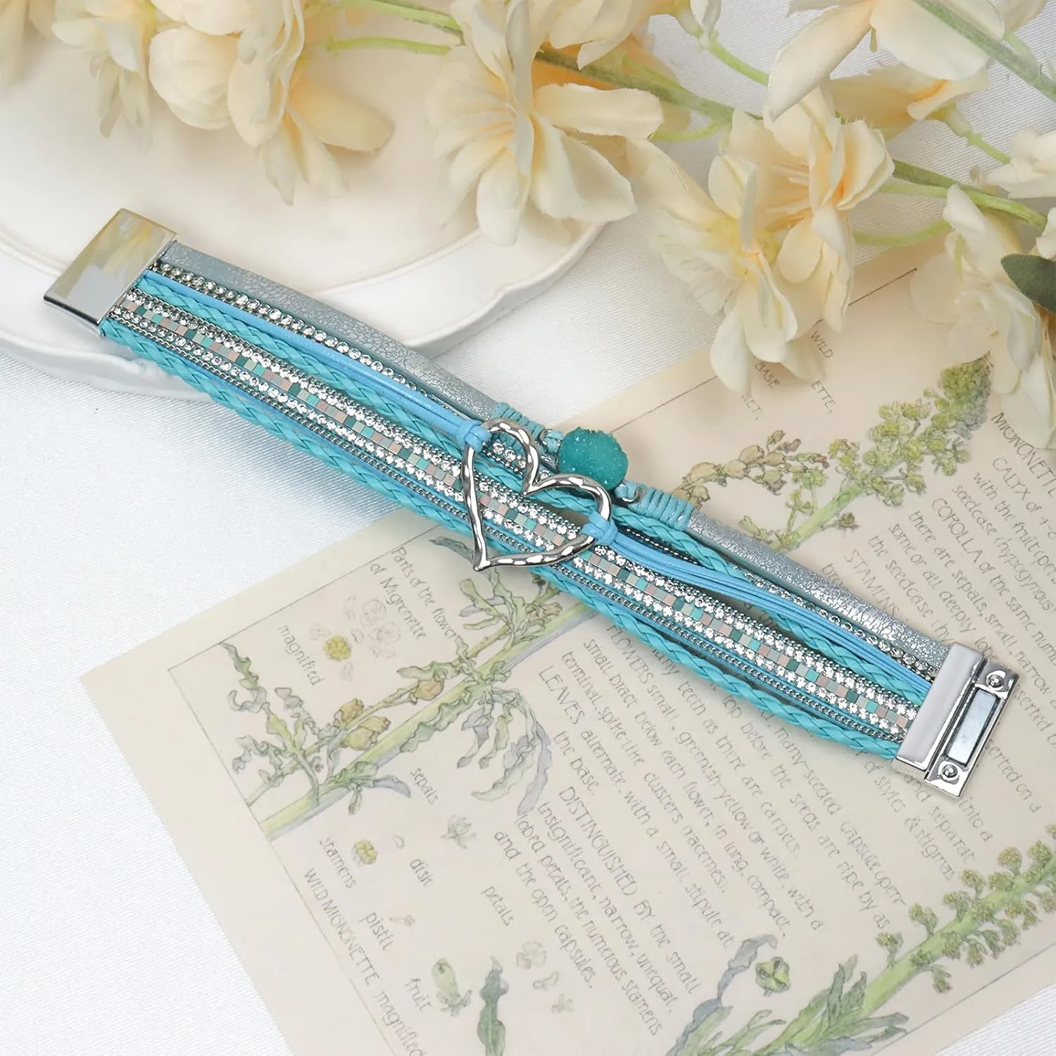 Leather Wrap Bracelet for Women, Boho Heart Cuff Bracelet with Strong Clasp, Multi-Layer Crystal Leather Bracelet