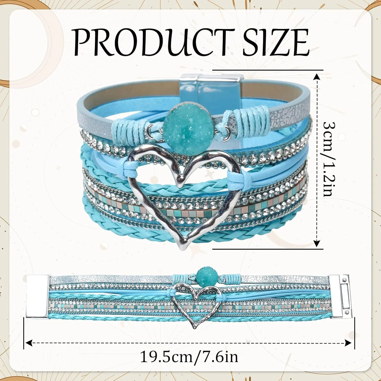 Leather Wrap Bracelet for Women, Boho Heart Cuff Bracelet with Strong Clasp, Multi-Layer Crystal Leather Bracelet