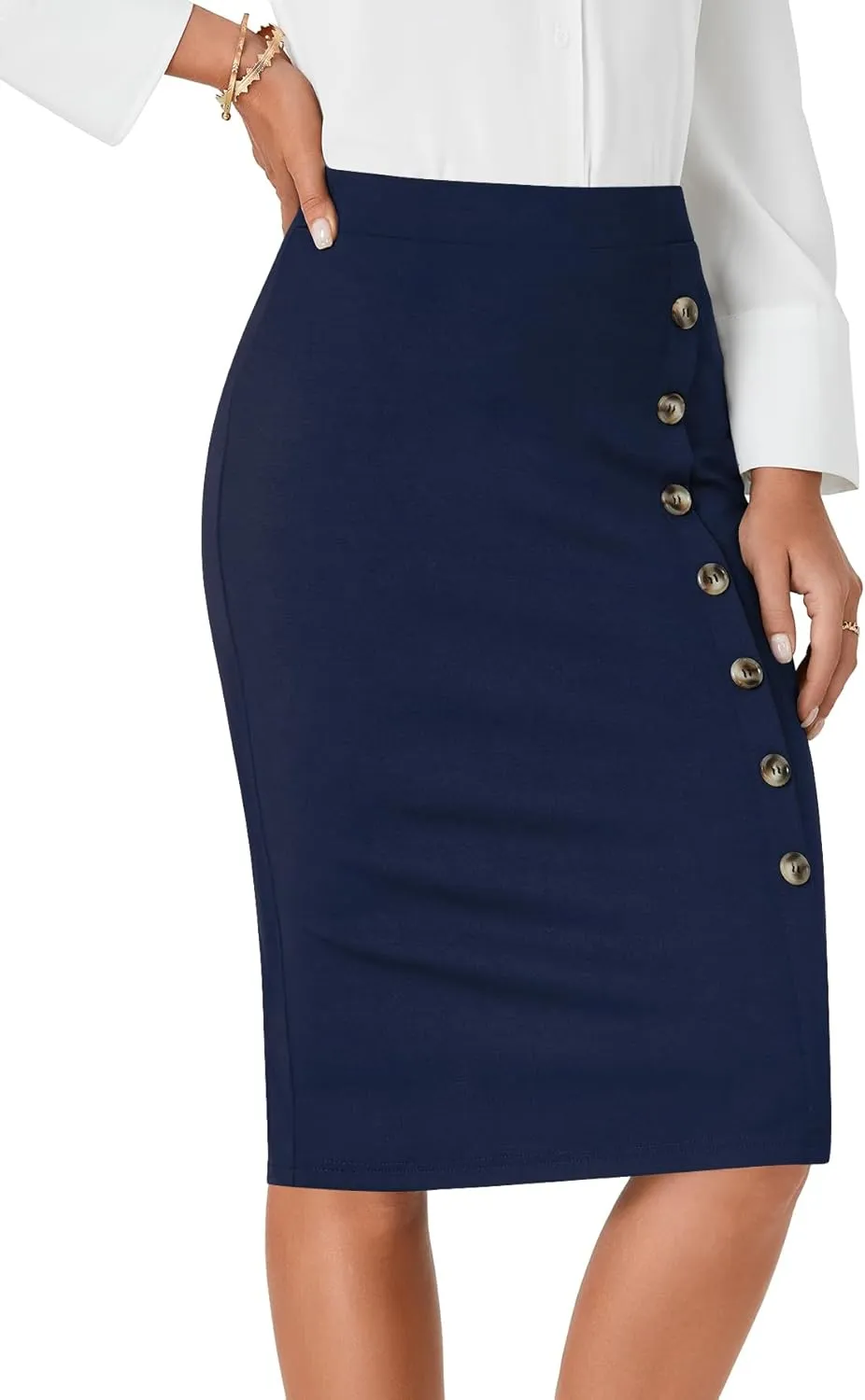 LYANER Women's Basic Stretch High Waist Pencil Bodycon Button Knee Length Straight Office Midi Skirt