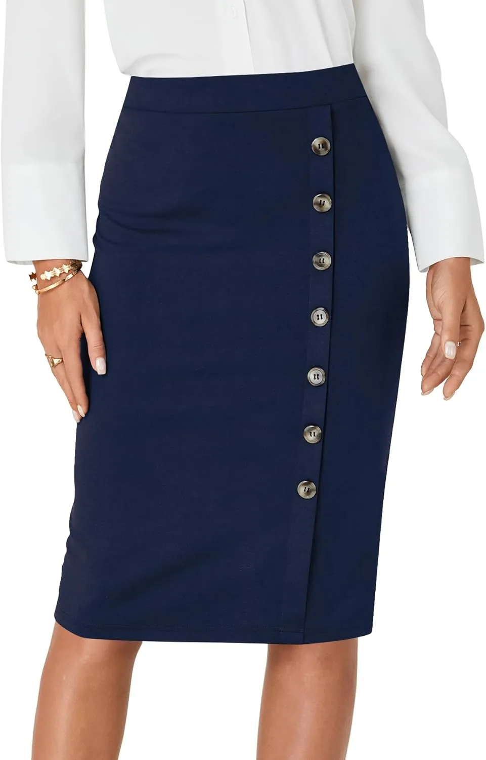 LYANER Women's Basic Stretch High Waist Pencil Bodycon Button Knee Length Straight Office Midi Skirt