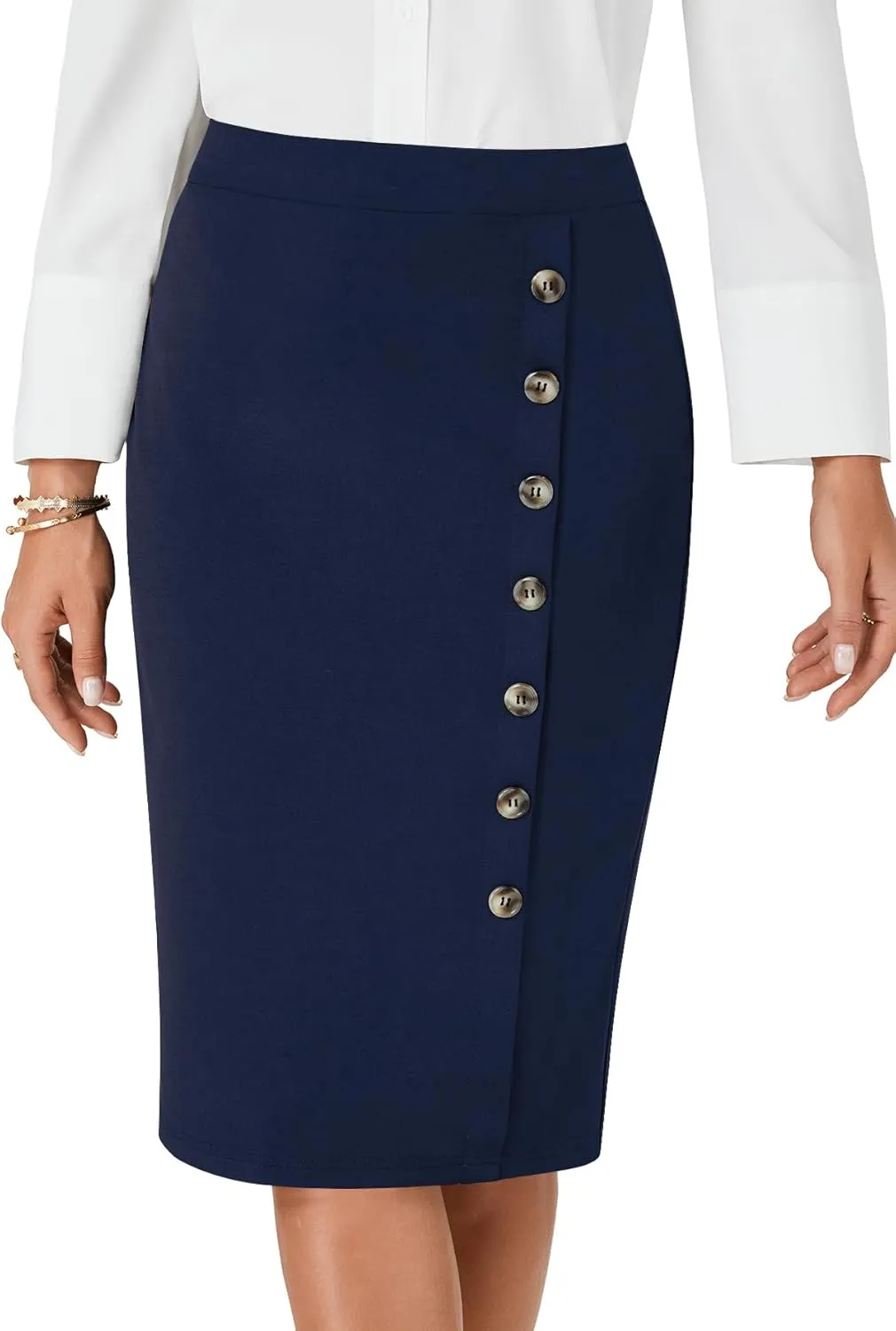 LYANER Women's Basic Stretch High Waist Pencil Bodycon Button Knee Length Straight Office Midi Skirt