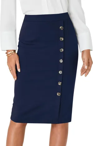 LYANER Women's Basic Stretch High Waist Pencil Bodycon Button Knee Length Straight Office Midi Skirt