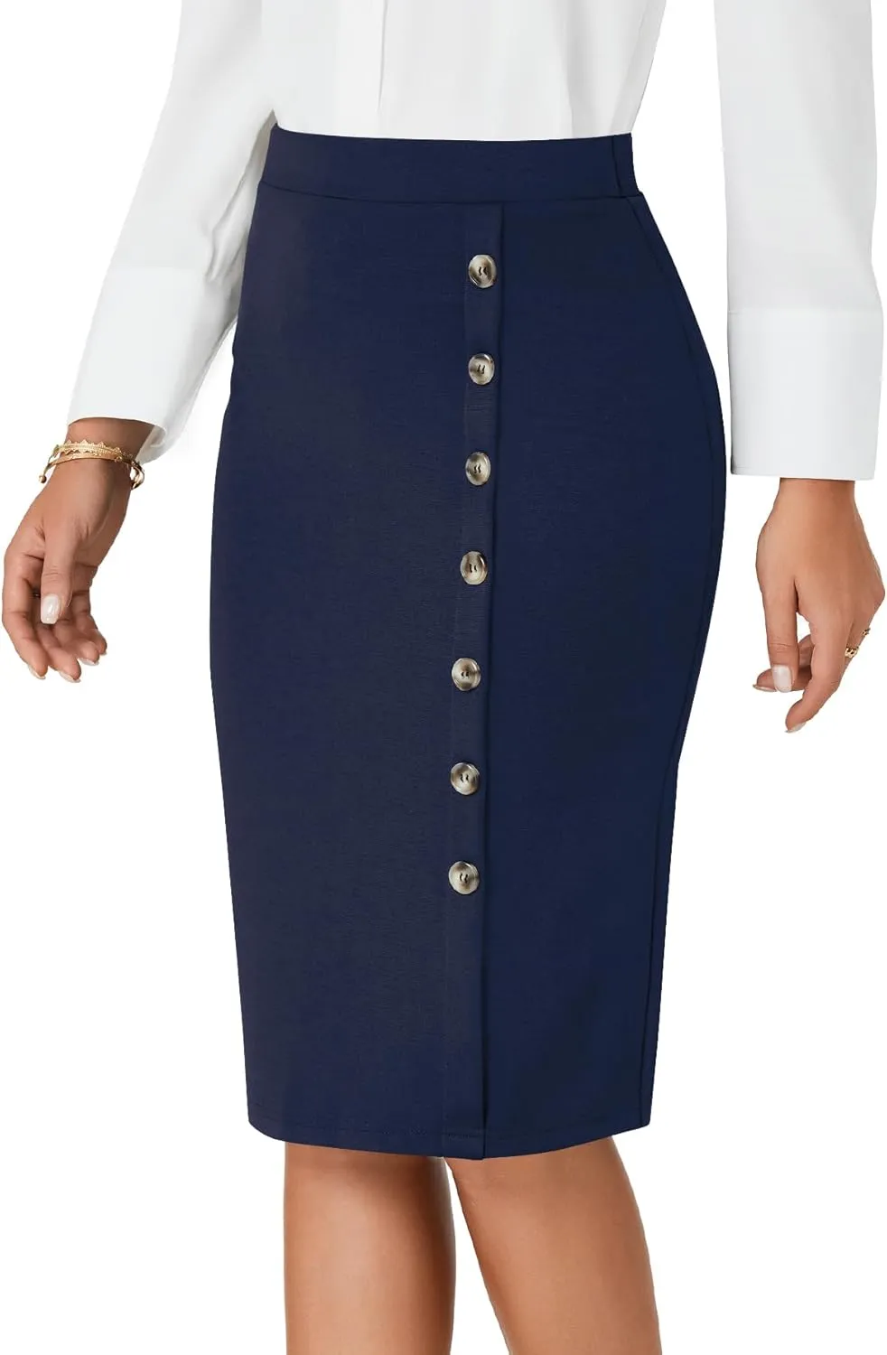 LYANER Women's Basic Stretch High Waist Pencil Bodycon Button Knee Length Straight Office Midi Skirt