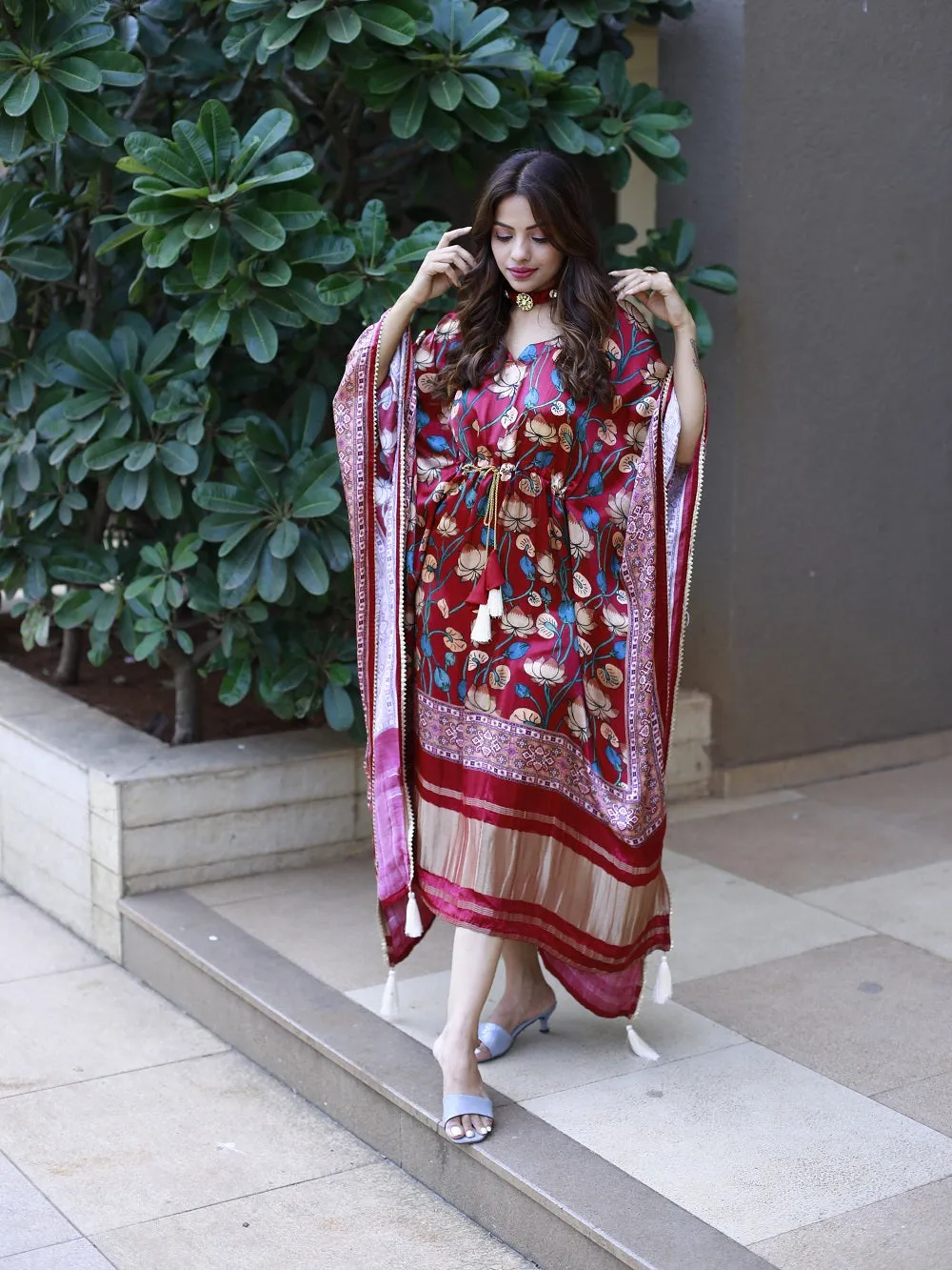 Maroon Color Digital Printed Pure Gaji Silk Kaftan