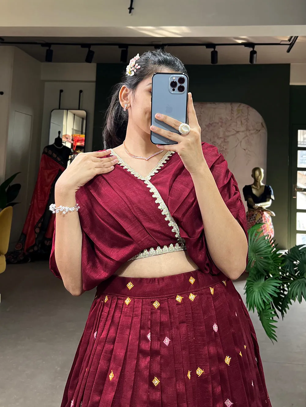 Maroon Color Thread Embroidery Work Vichitra Silk Lehenga Choli