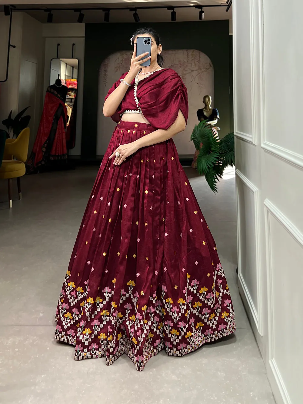 Maroon Color Thread Embroidery Work Vichitra Silk Lehenga Choli