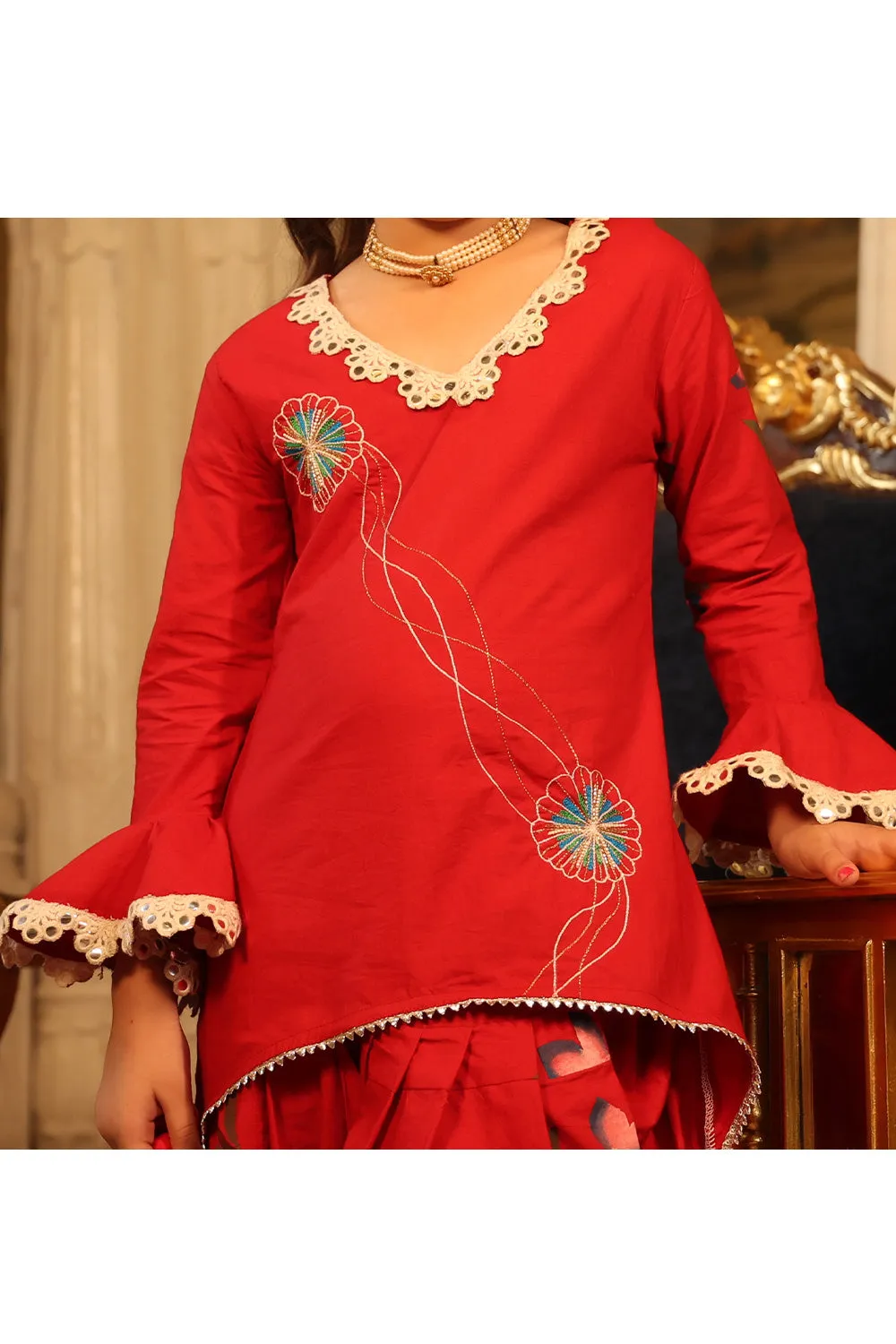 Maroon Embroidered Lace Detailing Top With Tulip Pant Set