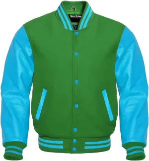 Men's Baseball Letterman Wool and Genuine Sky Blue Leather Sleeves Bomber Style Varsity Jacket