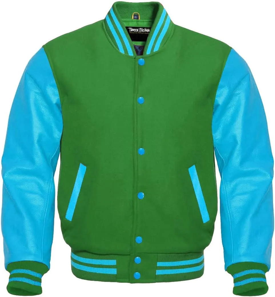 Men's Baseball Letterman Wool and Genuine Sky Blue Leather Sleeves Bomber Style Varsity Jacket