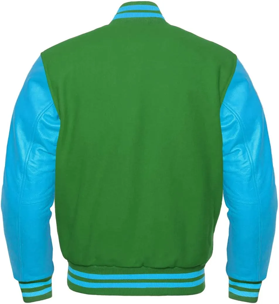 Men's Baseball Letterman Wool and Genuine Sky Blue Leather Sleeves Bomber Style Varsity Jacket