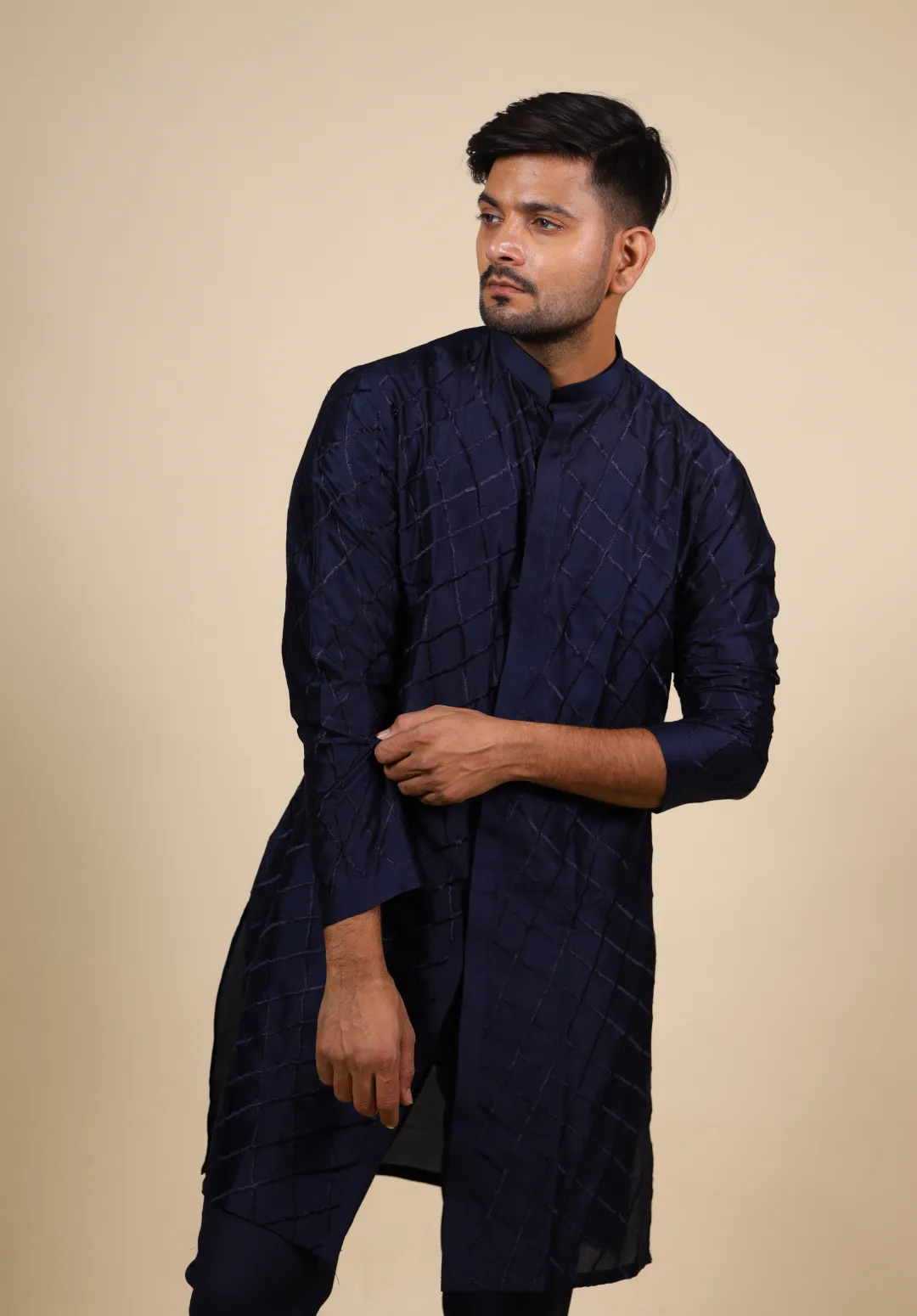 Men's Blue Color Navy Blue Shirt Cut Lattice Pattern Designer Kurta Dupion - Hilo Design