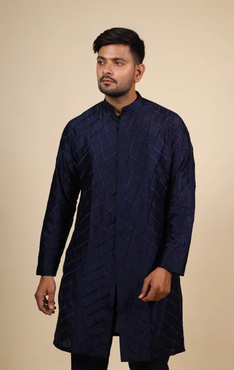 Men's Blue Color Navy Blue Shirt Cut Lattice Pattern Designer Kurta Dupion - Hilo Design