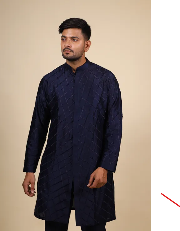 Men's Blue Color Navy Blue Shirt Cut Lattice Pattern Designer Kurta Dupion - Hilo Design