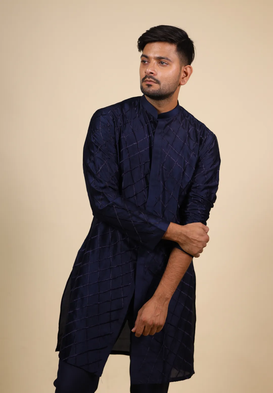 Men's Blue Color Navy Blue Shirt Cut Lattice Pattern Designer Kurta Dupion - Hilo Design