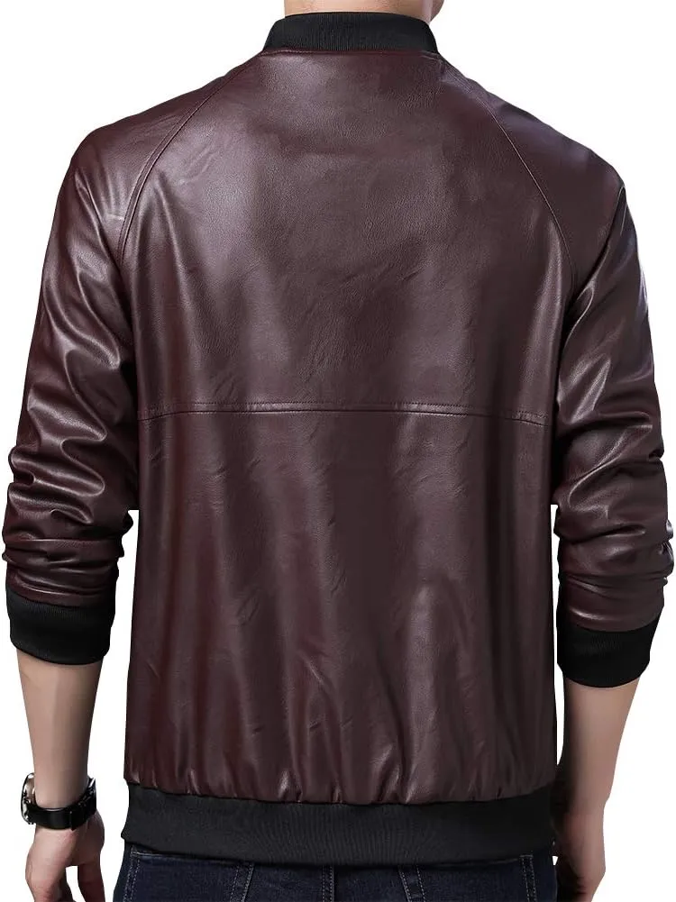 Mens Casual Slim Fit Faux Leather Jacket Fall Winter Leather Bomber Jackets