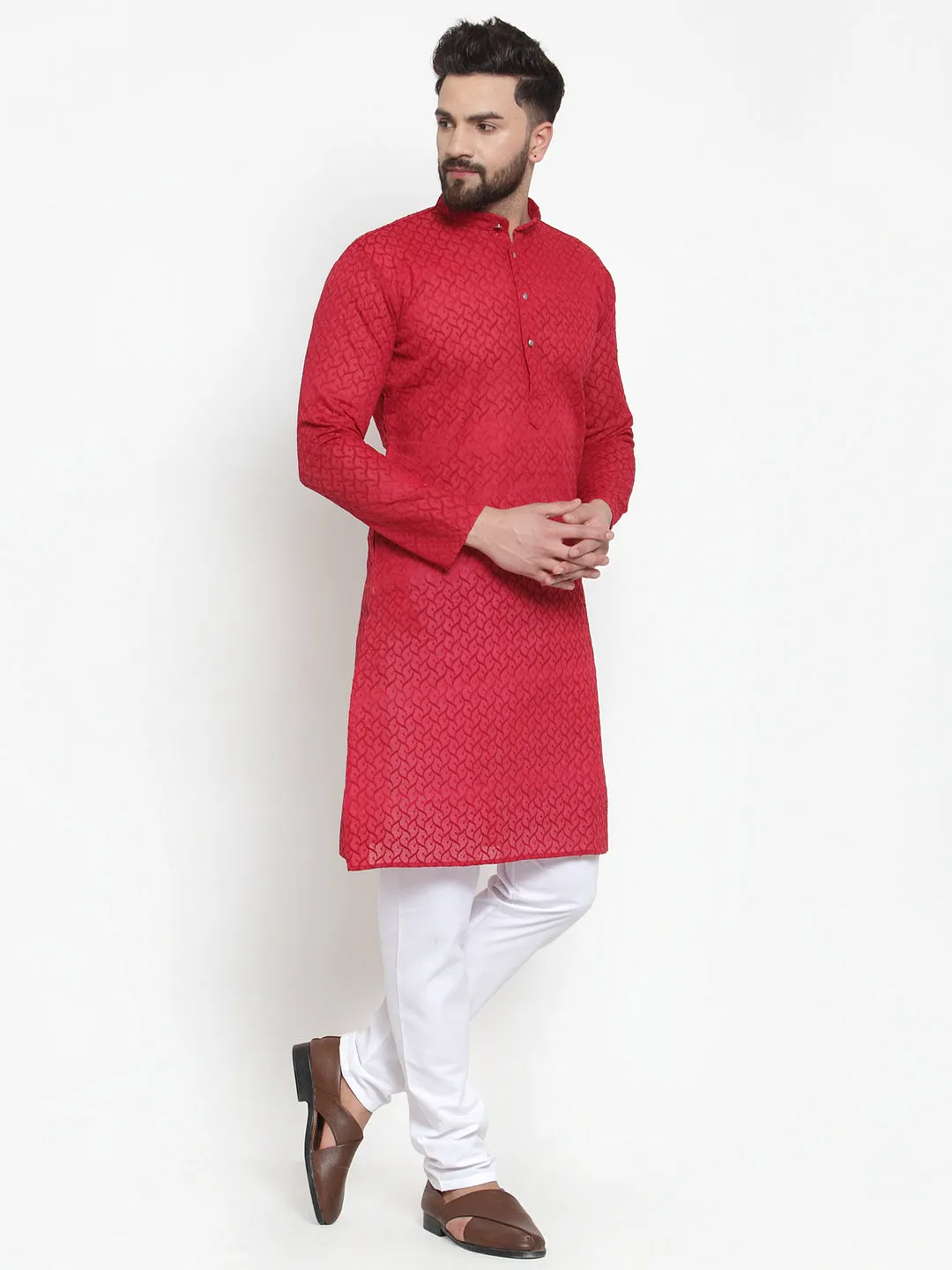 Men's Maroon Chikan Kurta With Churidar ( Jokp 561 Maroon ) - Virat Fashions