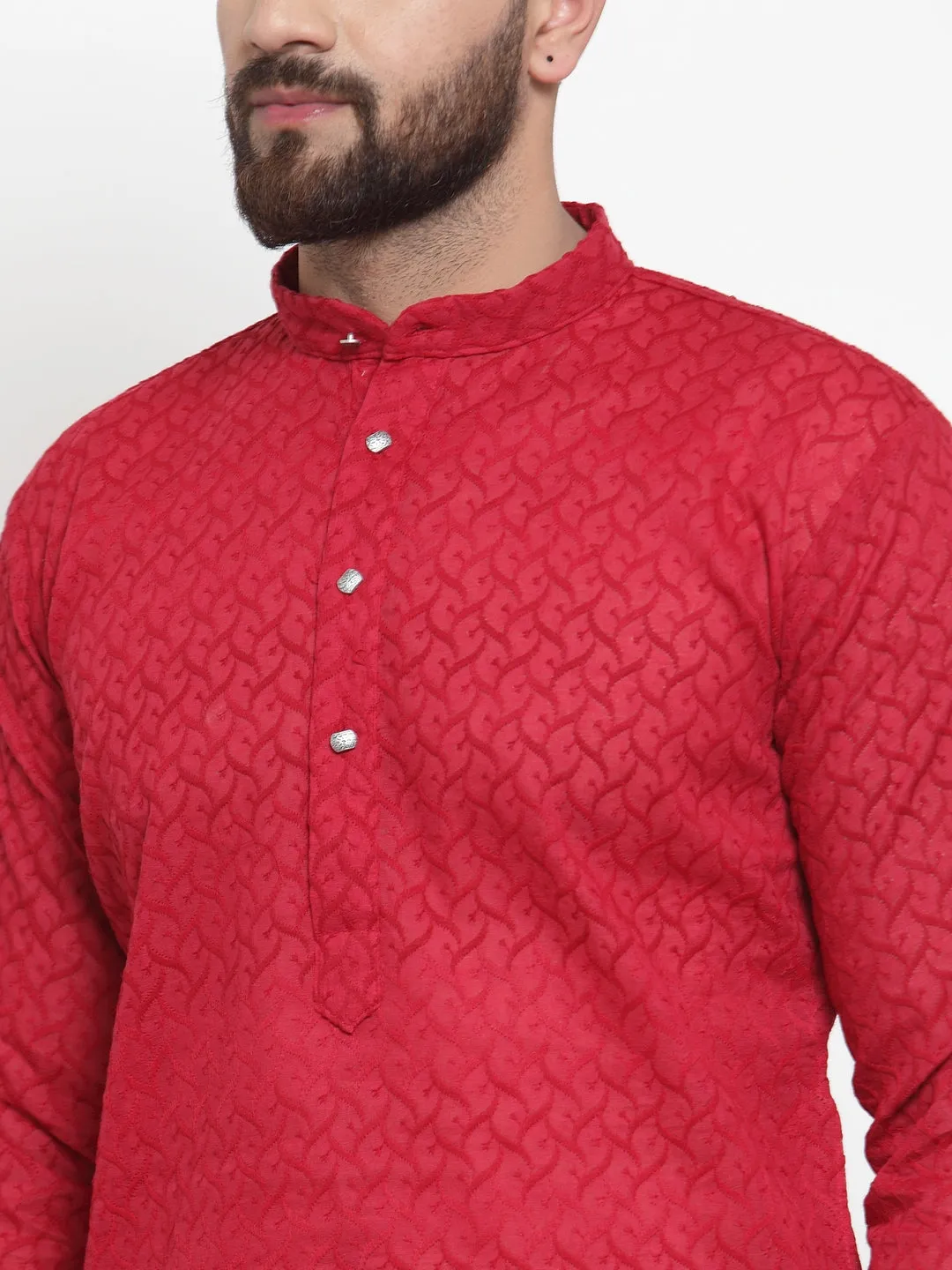 Men's Maroon Chikan Kurta With Churidar ( Jokp 561 Maroon ) - Virat Fashions