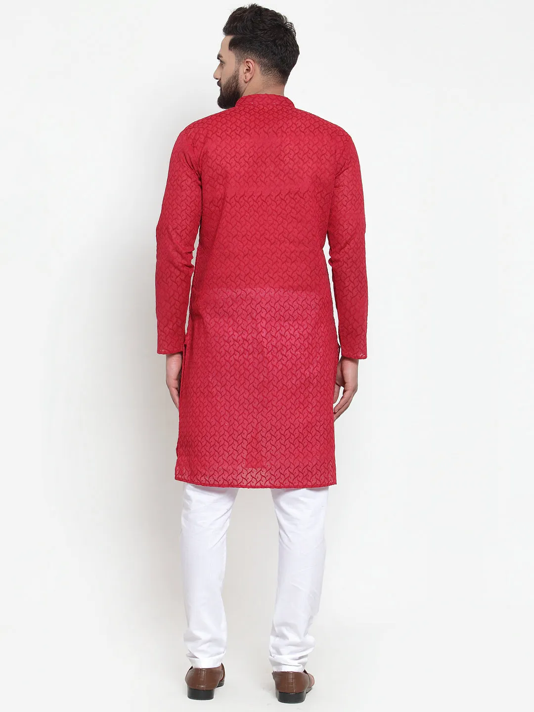 Men's Maroon Chikan Kurta With Churidar ( Jokp 561 Maroon ) - Virat Fashions