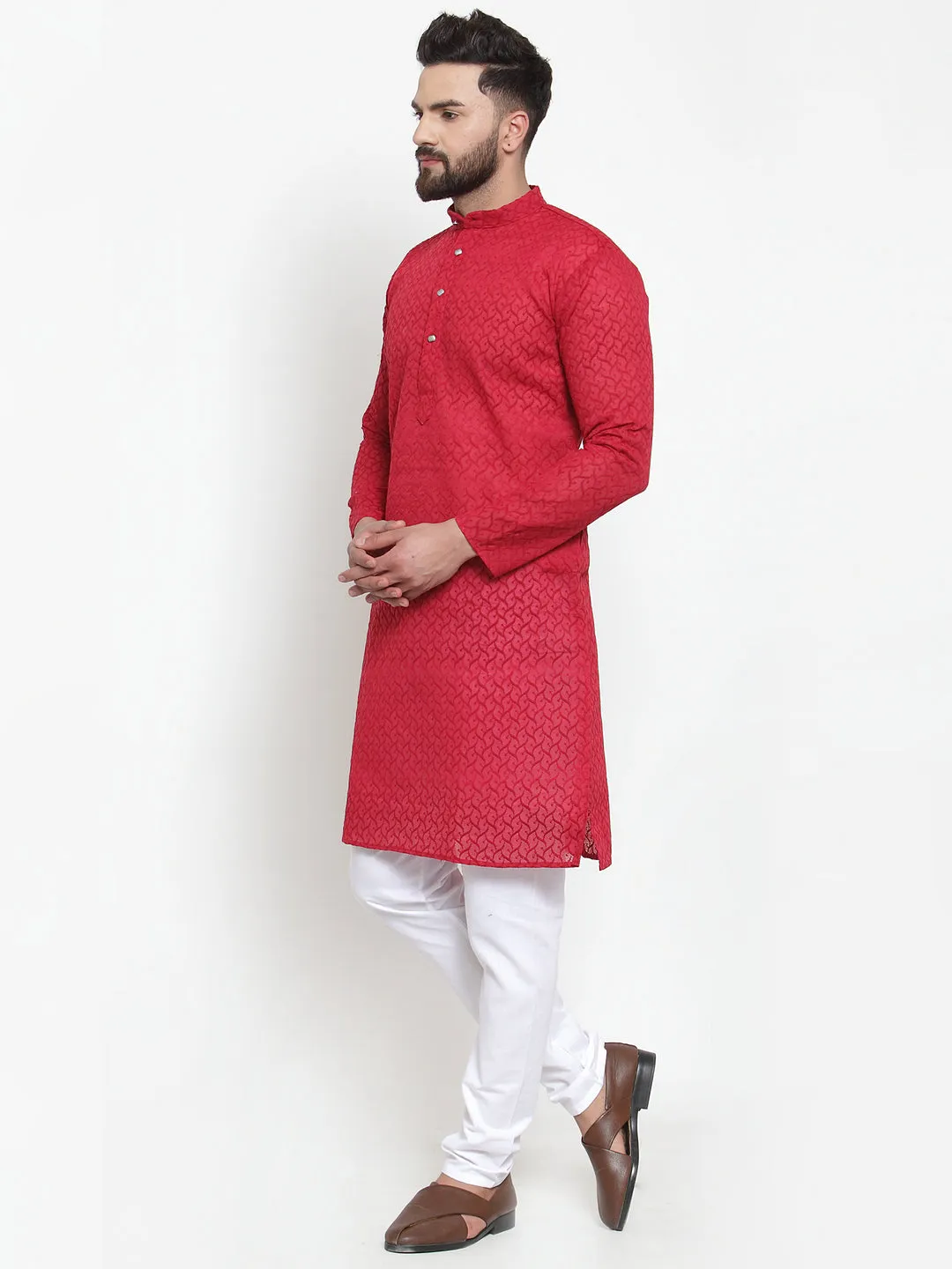Men's Maroon Chikan Kurta With Churidar ( Jokp 561 Maroon ) - Virat Fashions