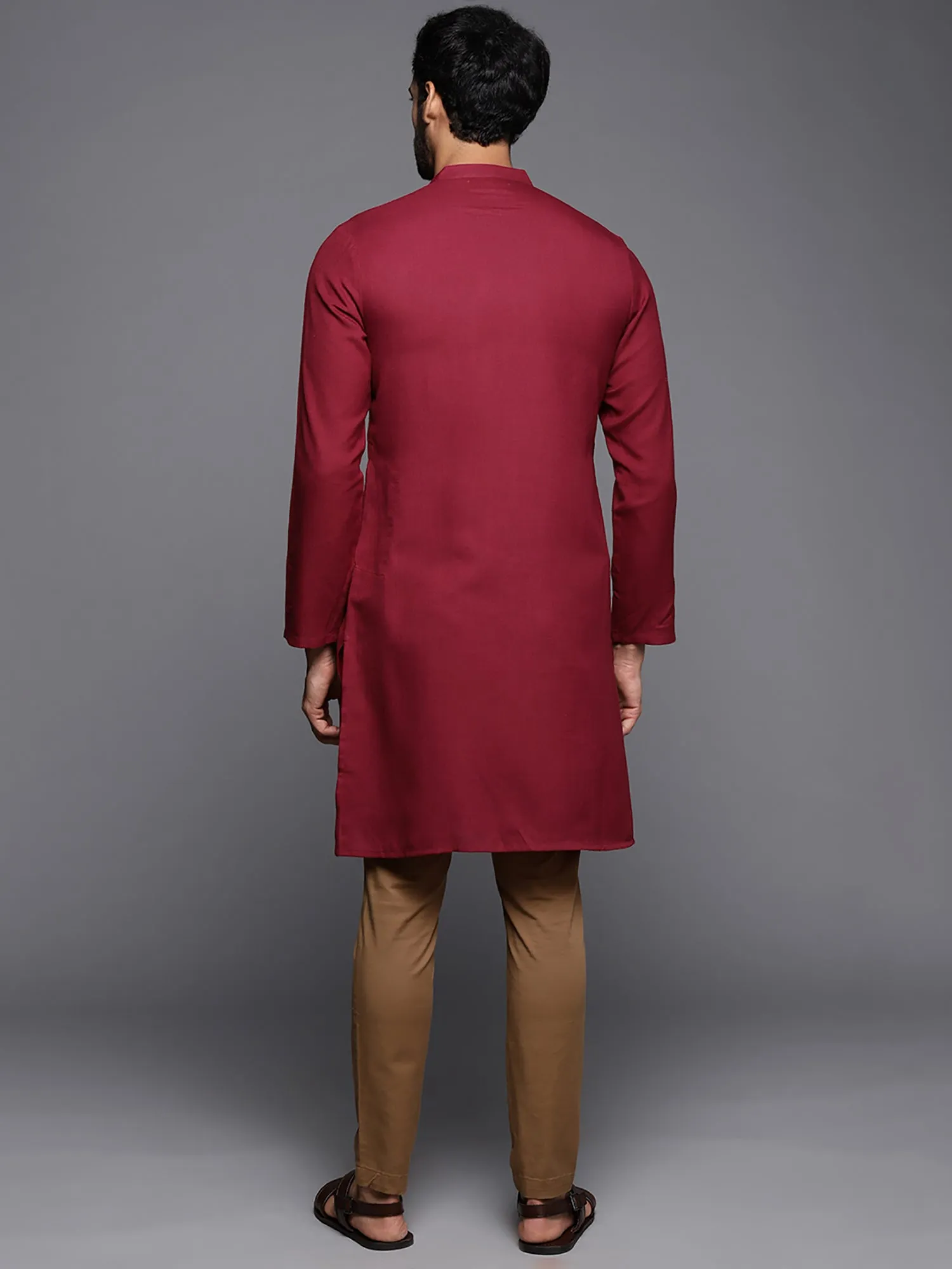 Men's Maroon Embroidered Cotton Straight Kurtas - Indo Era