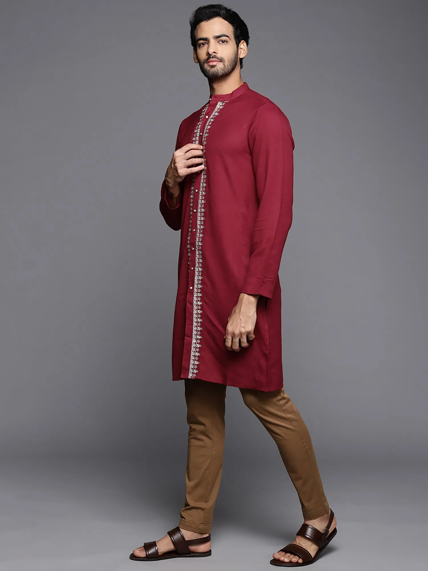 Men's Maroon Embroidered Cotton Straight Kurtas - Indo Era