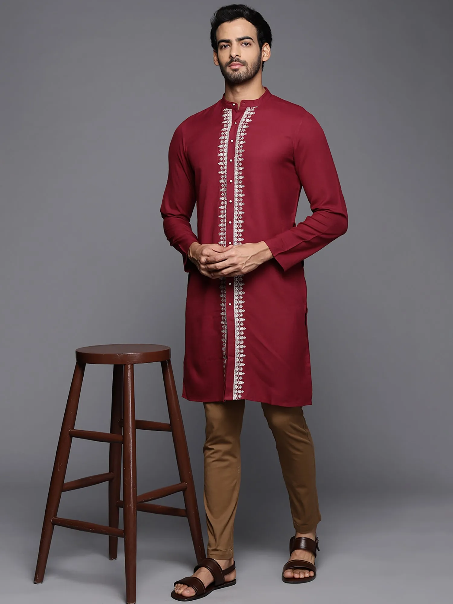 Men's Maroon Embroidered Cotton Straight Kurtas - Indo Era