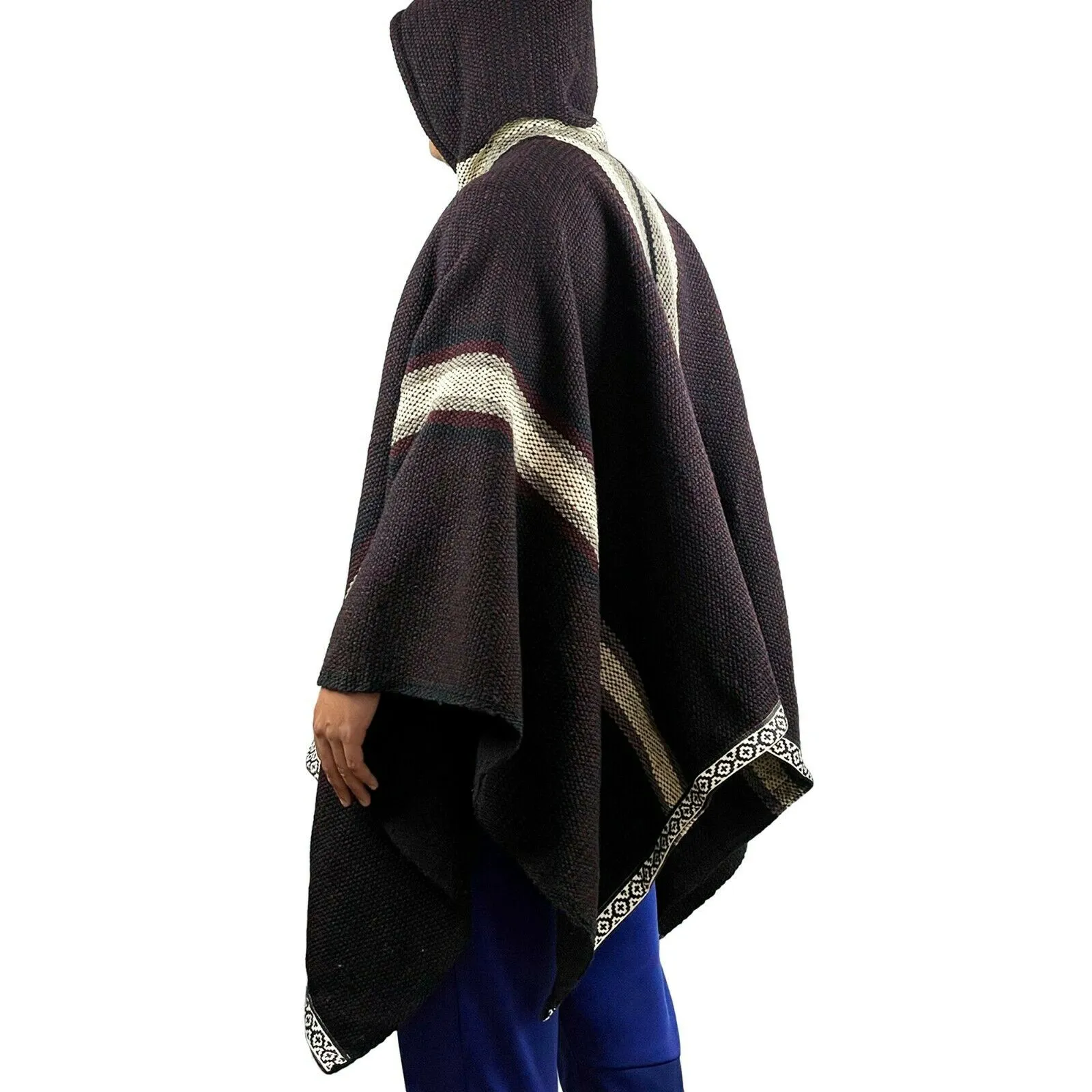 Nanguipa - Llama Wool Unisex South American Handwoven Wide Thick Poncho - striped pattern