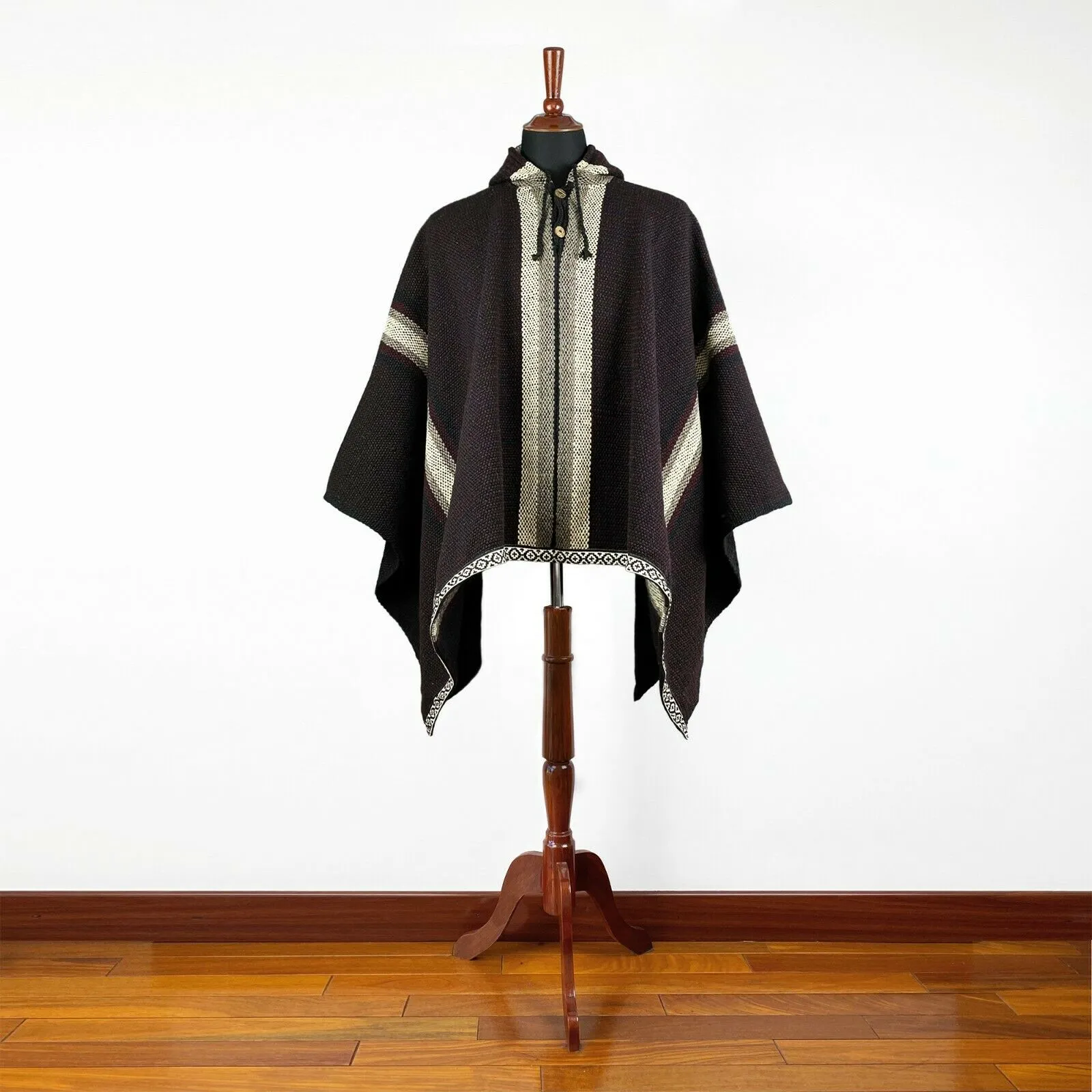 Nanguipa - Llama Wool Unisex South American Handwoven Wide Thick Poncho - striped pattern
