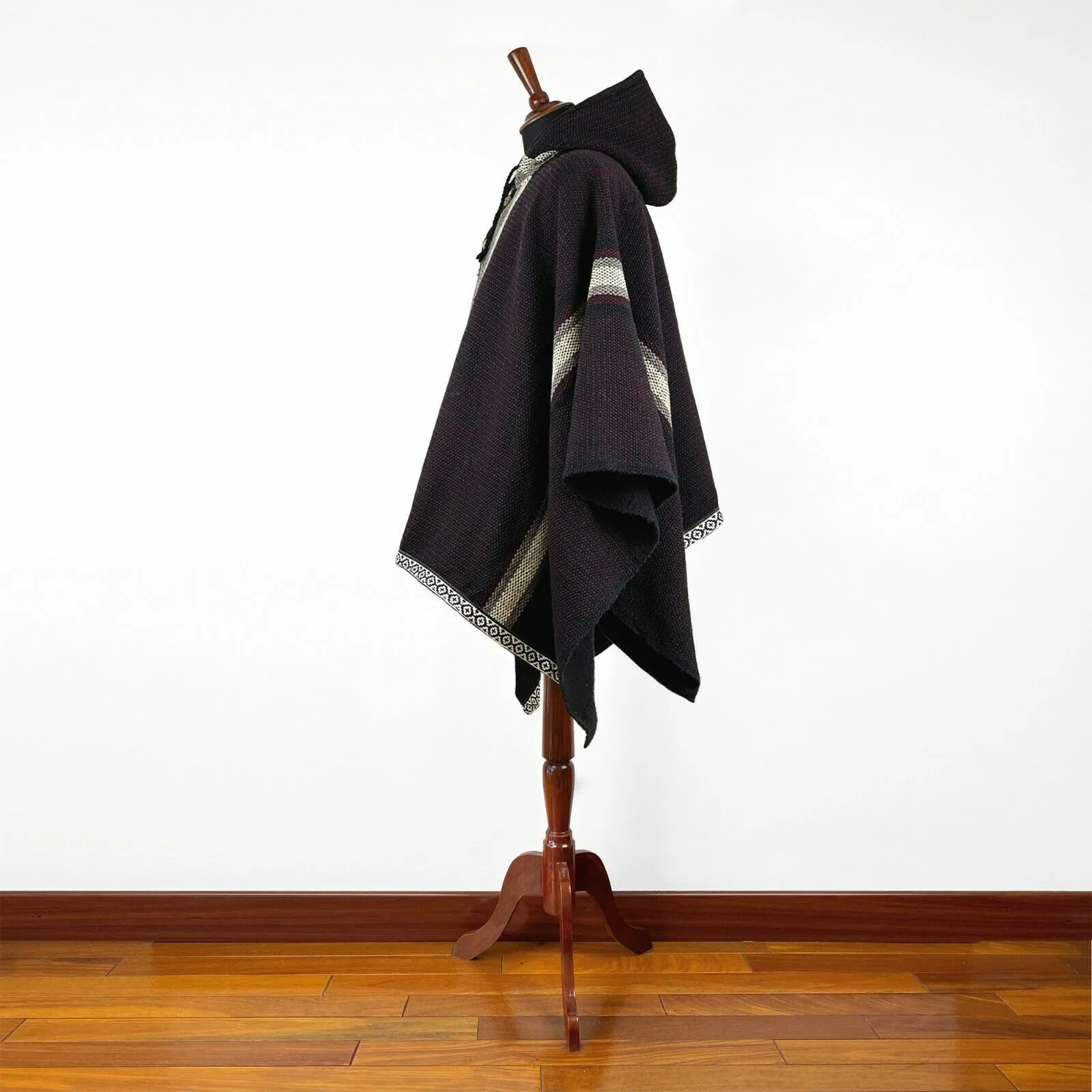 Nanguipa - Llama Wool Unisex South American Handwoven Wide Thick Poncho - striped pattern