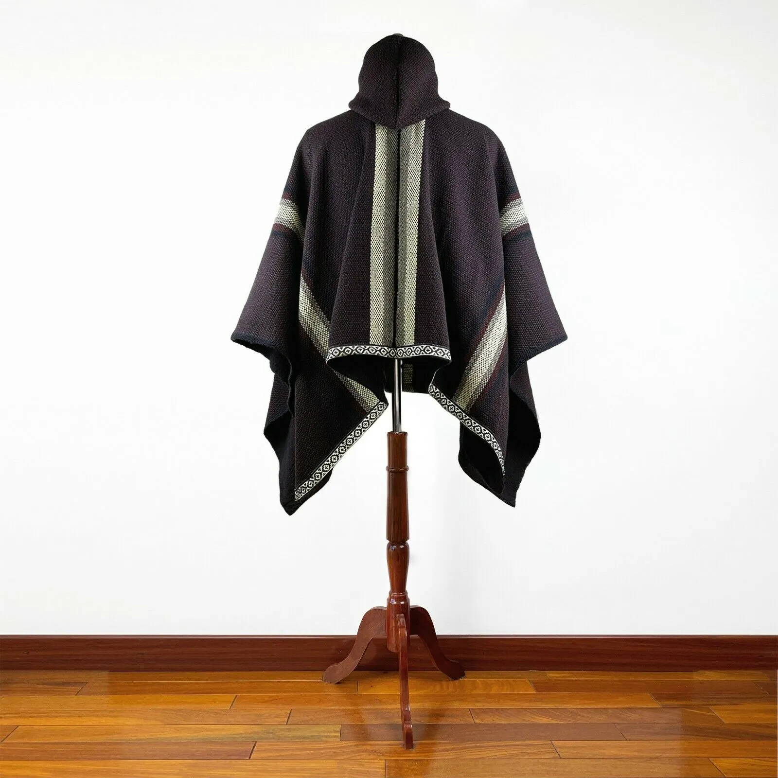 Nanguipa - Llama Wool Unisex South American Handwoven Wide Thick Poncho - striped pattern