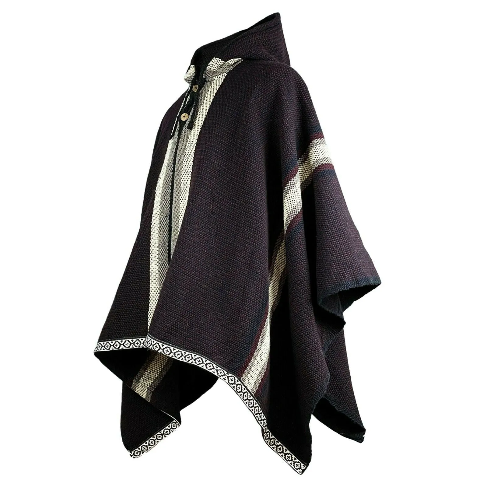 Nanguipa - Llama Wool Unisex South American Handwoven Wide Thick Poncho - striped pattern